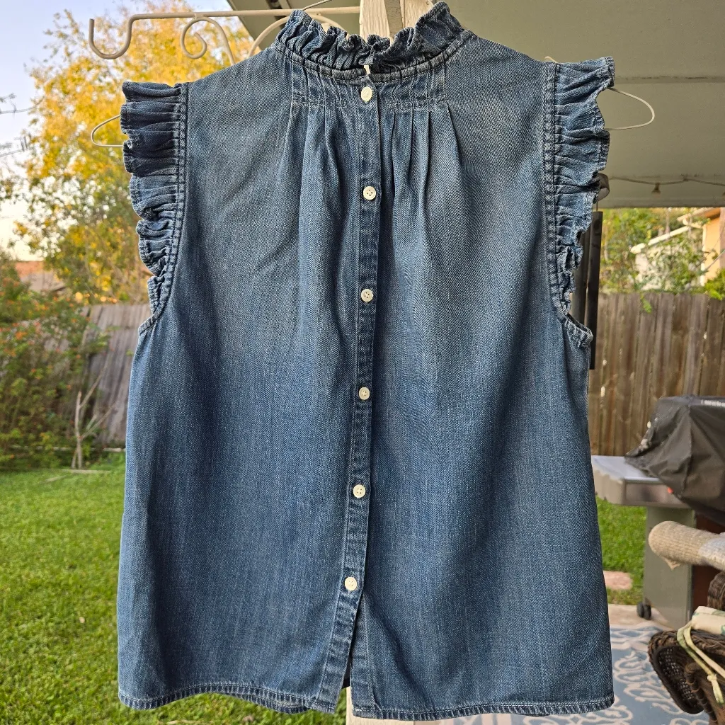 Frame Denim Indigo Ruffle Sleeveless Blouse Top S - Image 11
