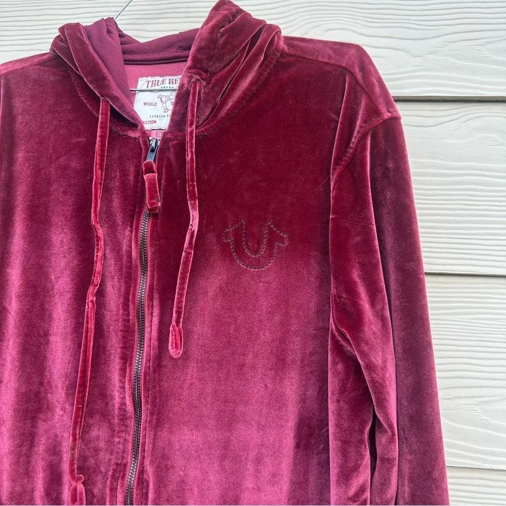 True Religion Velour Track Suit Womens Sz XL Burgundy Zip Up Retro Streetwear - Image 13