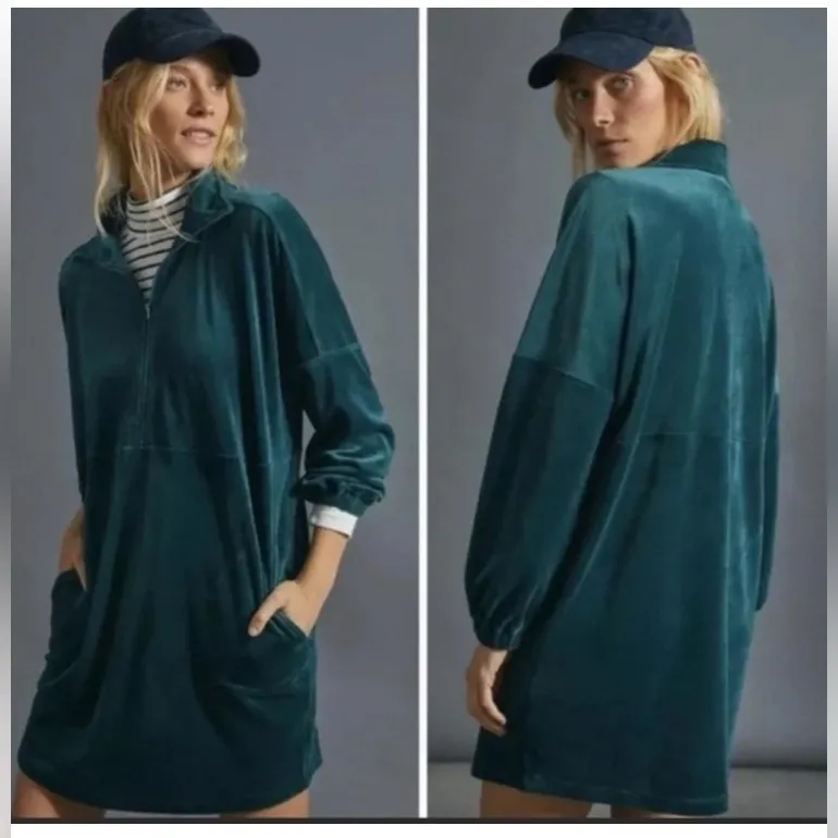 Anthropologie Saturday Sunday Forest Green Rosalind Velvet Tunic Dress #Br - Image 2
