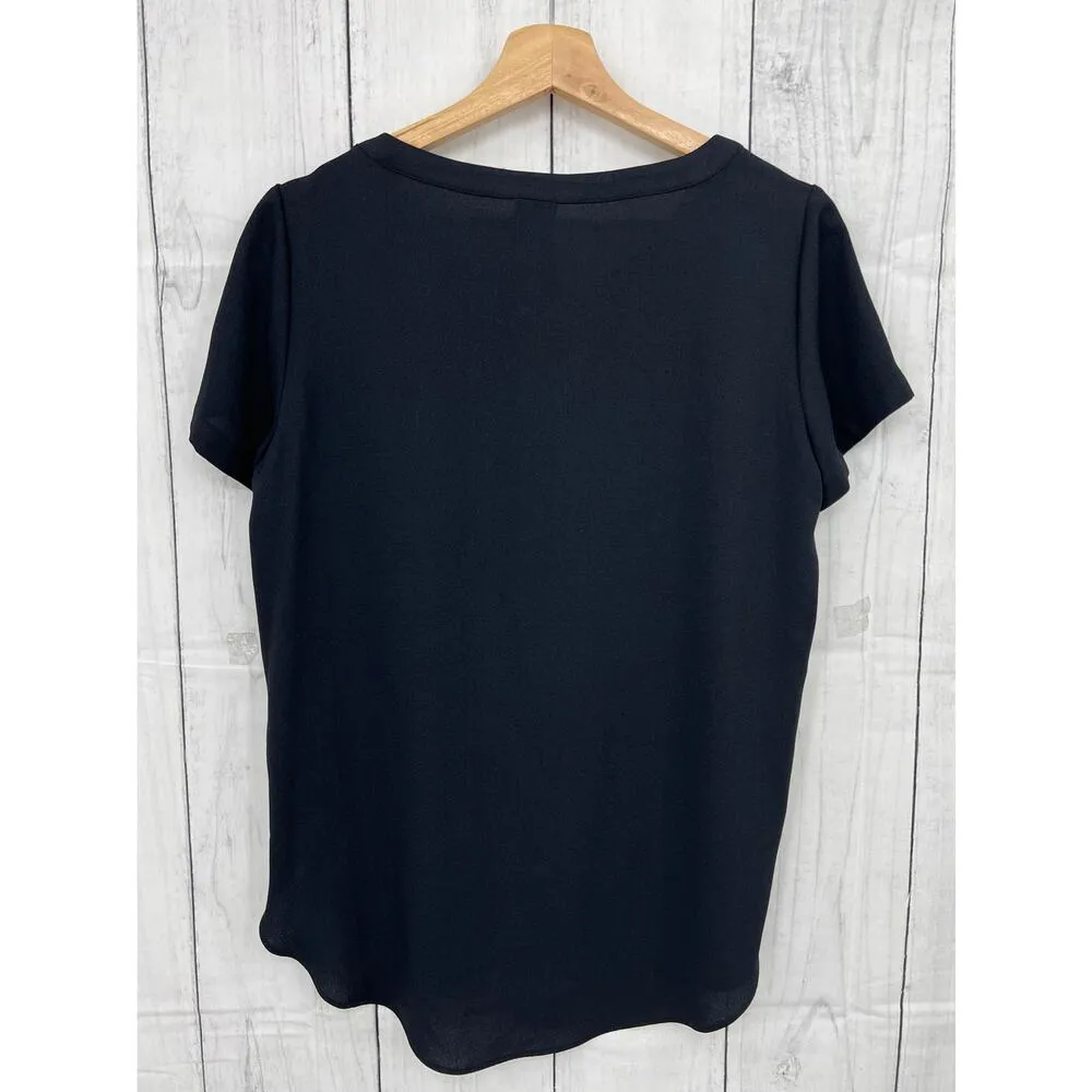 Saks Fifth Avenue SMALL BLACK Black Striped Monochrome Short Sleeve Top Blouse - Image 2