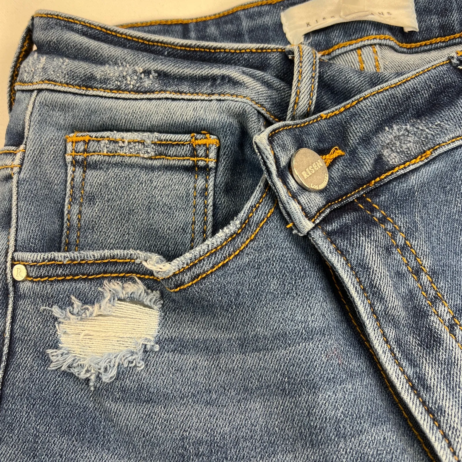 Risen Jeans High Rise Crossover Distressed Straight Leg Jeans RDP5333 Size 1/25 Blue - Image 9