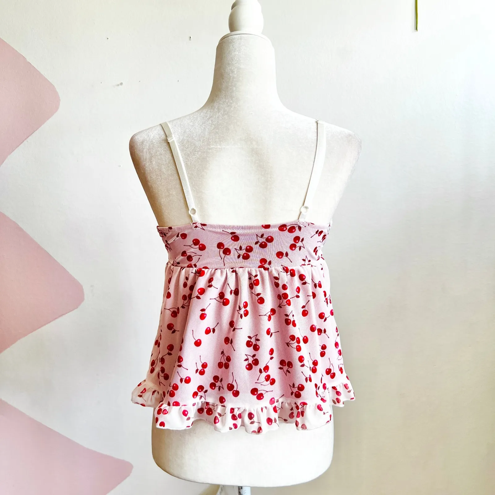 Cherry Print Babydoll ToP Lace Trim Y2K 2000s Coquette Soft Girl XS Red - Image 2