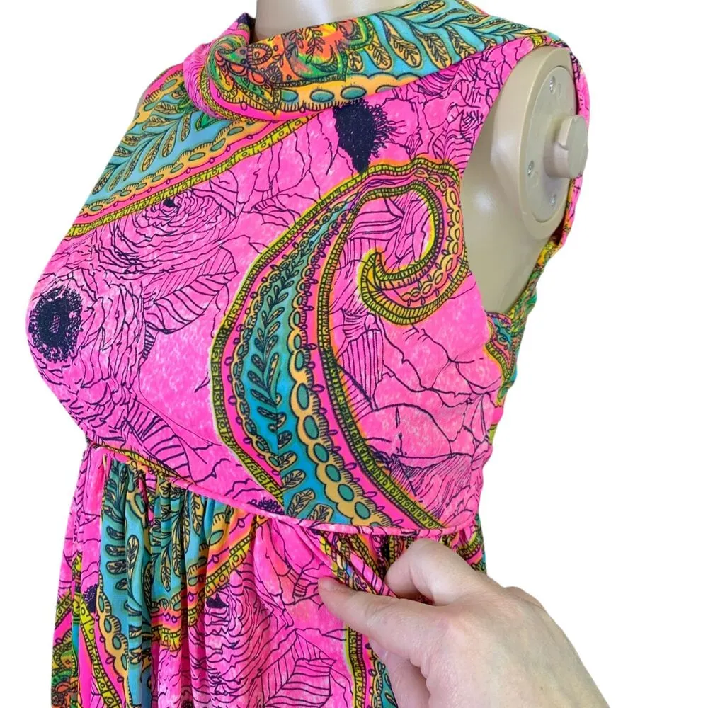 Vintage 60s Hawaiian Dress Womens Size XS Pink Empire Waist Polynesian Viva Tiki - Image 9