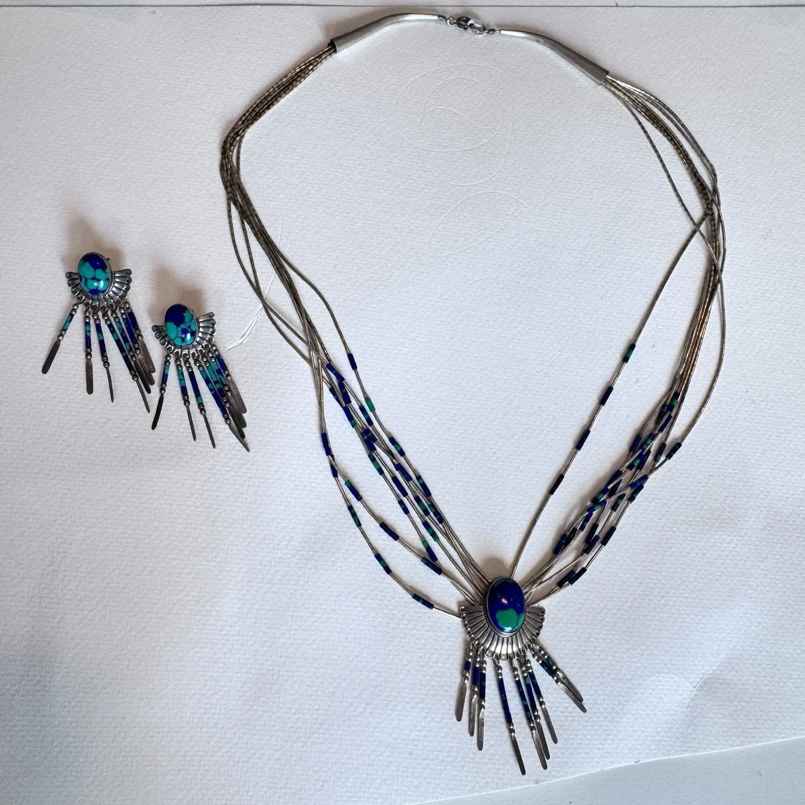 Vintage Liquid Sterling Silver QT Azurite Malachite Navajo Necklace Earrings Set Blue - Image 2