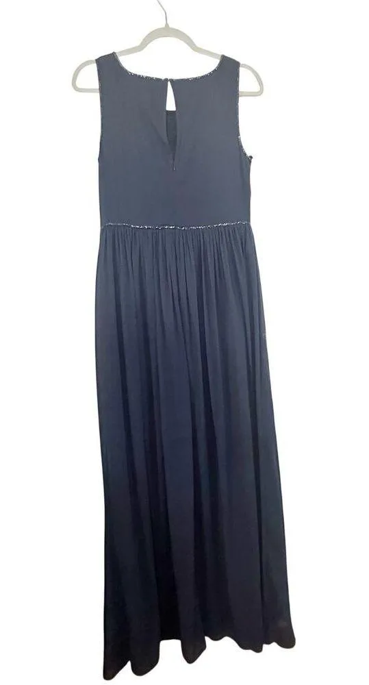 Adrianna Papell Embellished Bodice Chiffon Dress Full Length Gown Navy Blue 10 - Image 4
