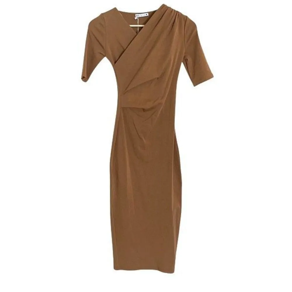 Zara Womens Side Draped Half Sleeve Wrap‎ Neck Midi Dress Brown Size Small NWT - Image 2
