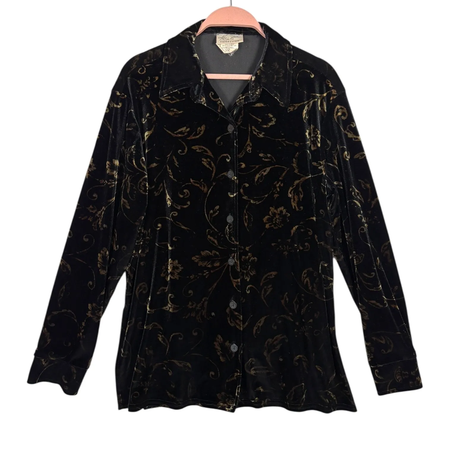 Vintage Womens Black Gold Floral Velvet Button Down Shirt Top Sz M Holiday Goth - Image 1