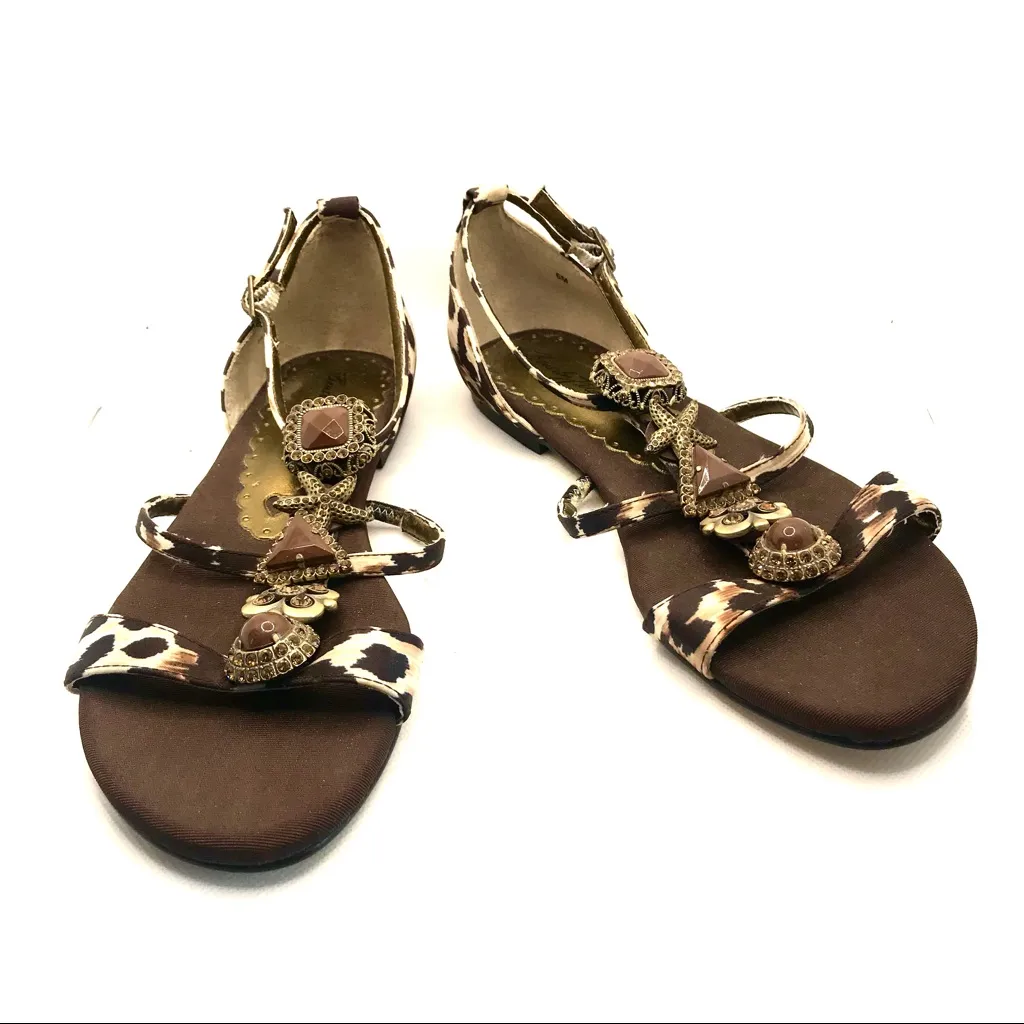 BEVERLY FELDMAN JEWELED ANIMAL PRINT AND OCEAN THEMED BROWN SANDALS (6) - Image 4