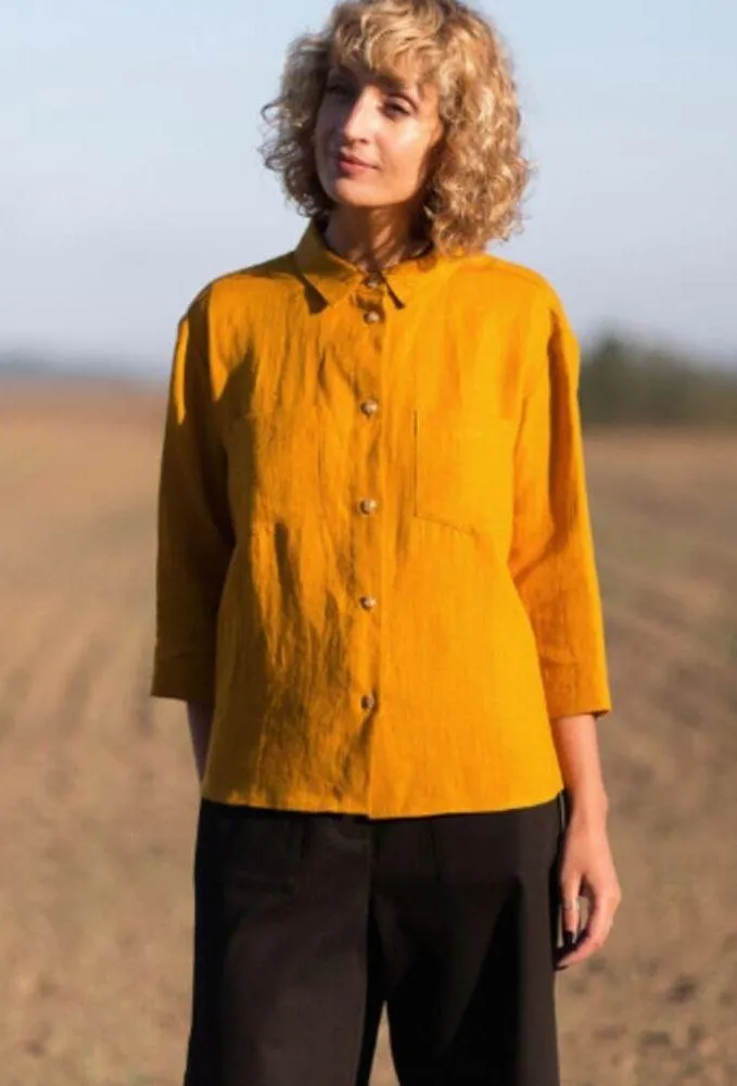 Offon Classic cut linen pocket Button Front Shirt L/XL Boxy Collar 3/4 Sleeve Yellow Size L - Image 3