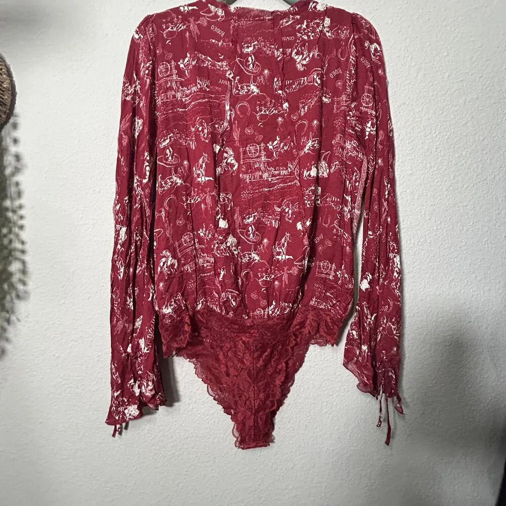 NEW Free People Everything's Rosy Bodysuit RARE Rodeo Red Western Print Size Med - Image 3
