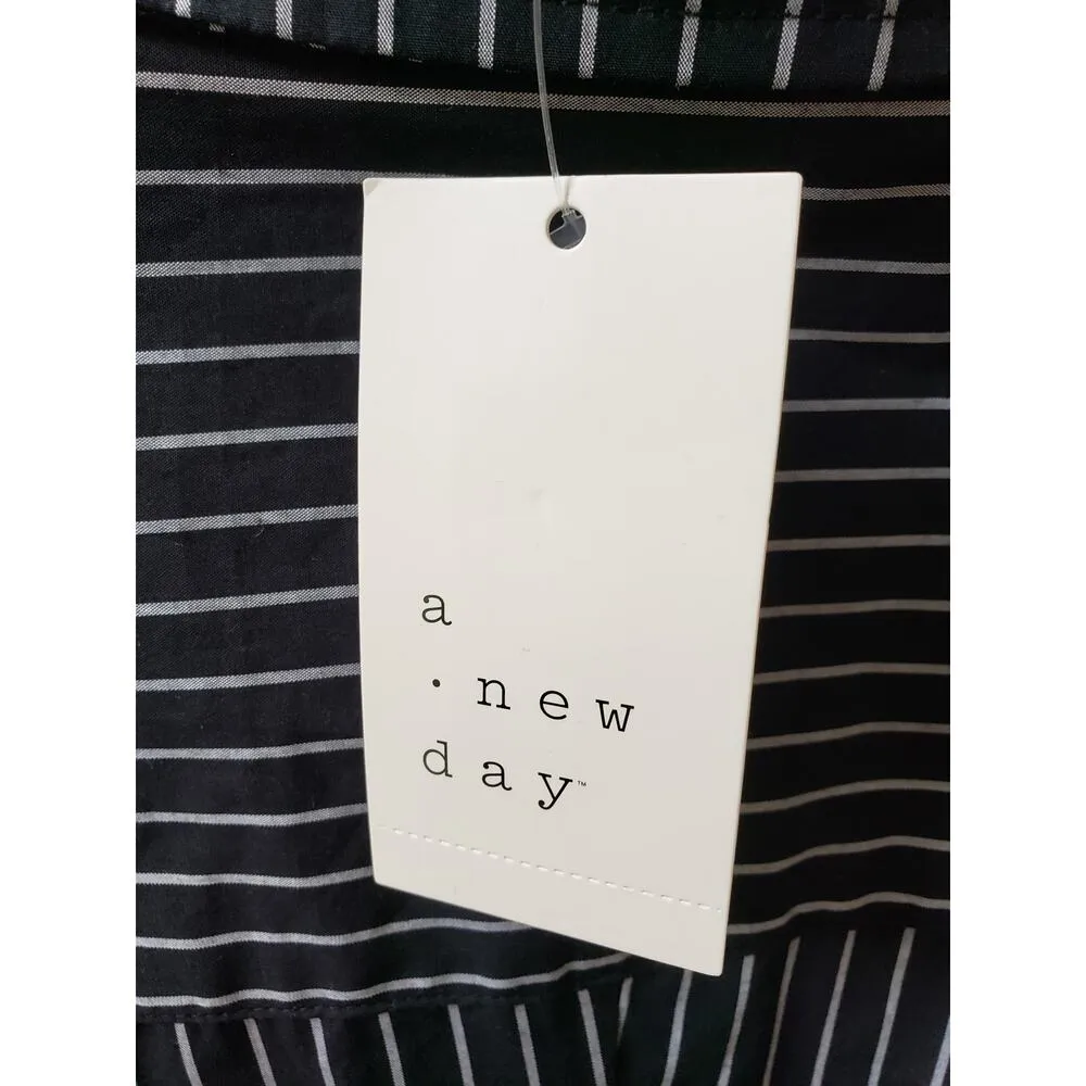 A New Day Dress Women L Black White Striped Shirt Long Sleeve Cotton Midi - Image 9