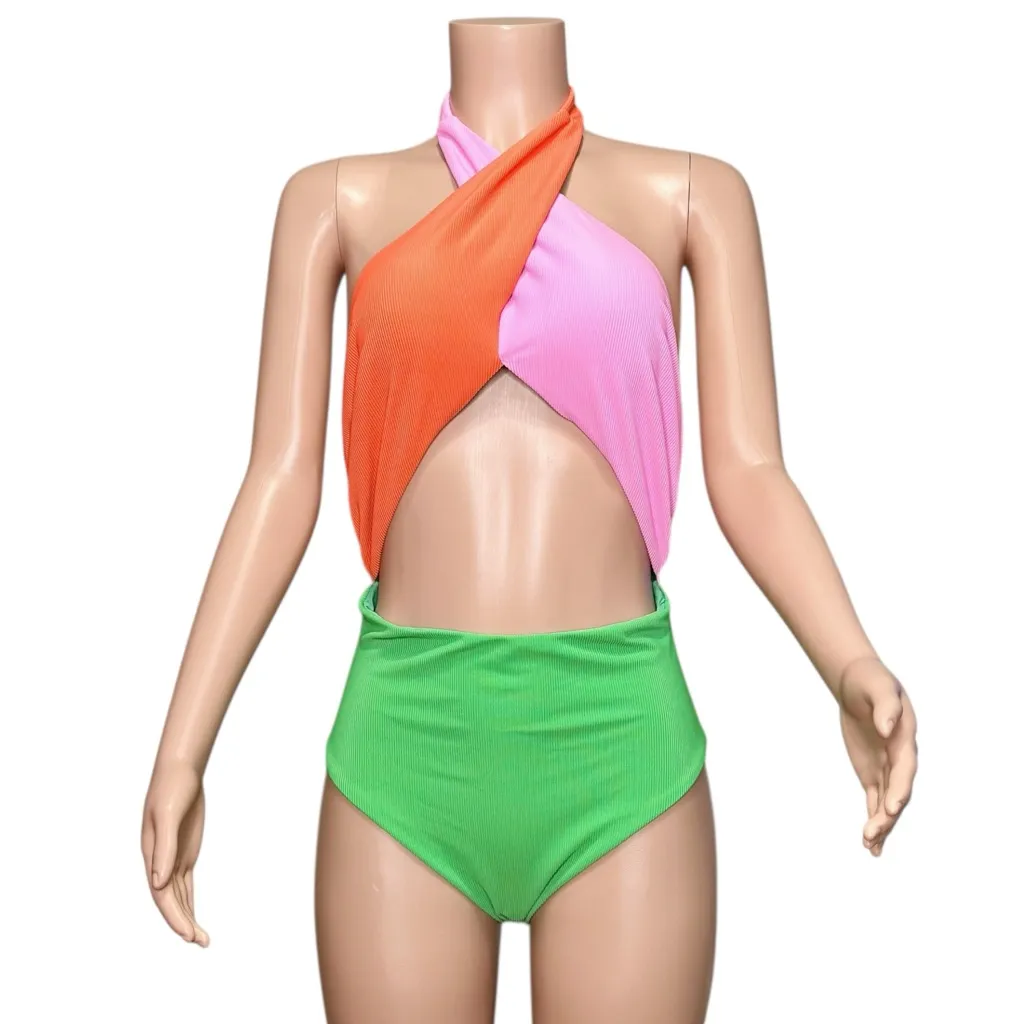 BEACH RIOT Jessica Cut-Out One Piece Swim, Coral Beach Colorblock, Large - Image 8