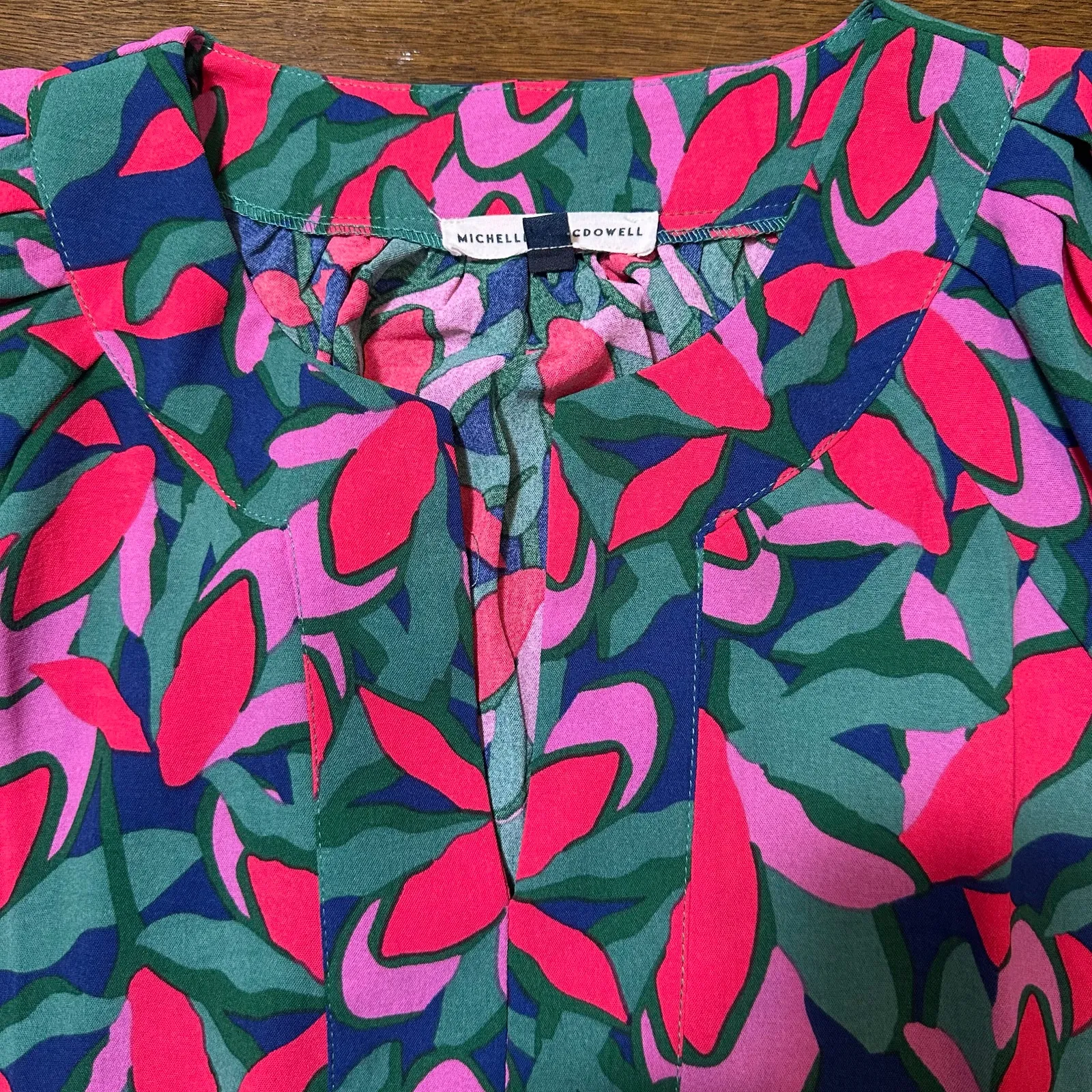 Michelle McDowell Abstract Floral Blouse Pink Purple Green Blue Size L - Image 2