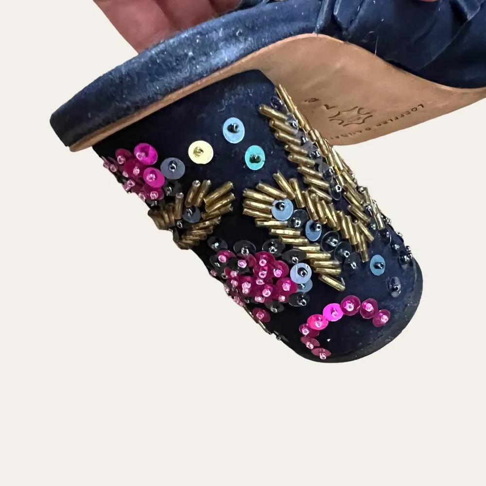 Loeffler Randall Navy Blue Ruffled Sequin Beaded Embellished Block Heel Mule 7 - Image 5