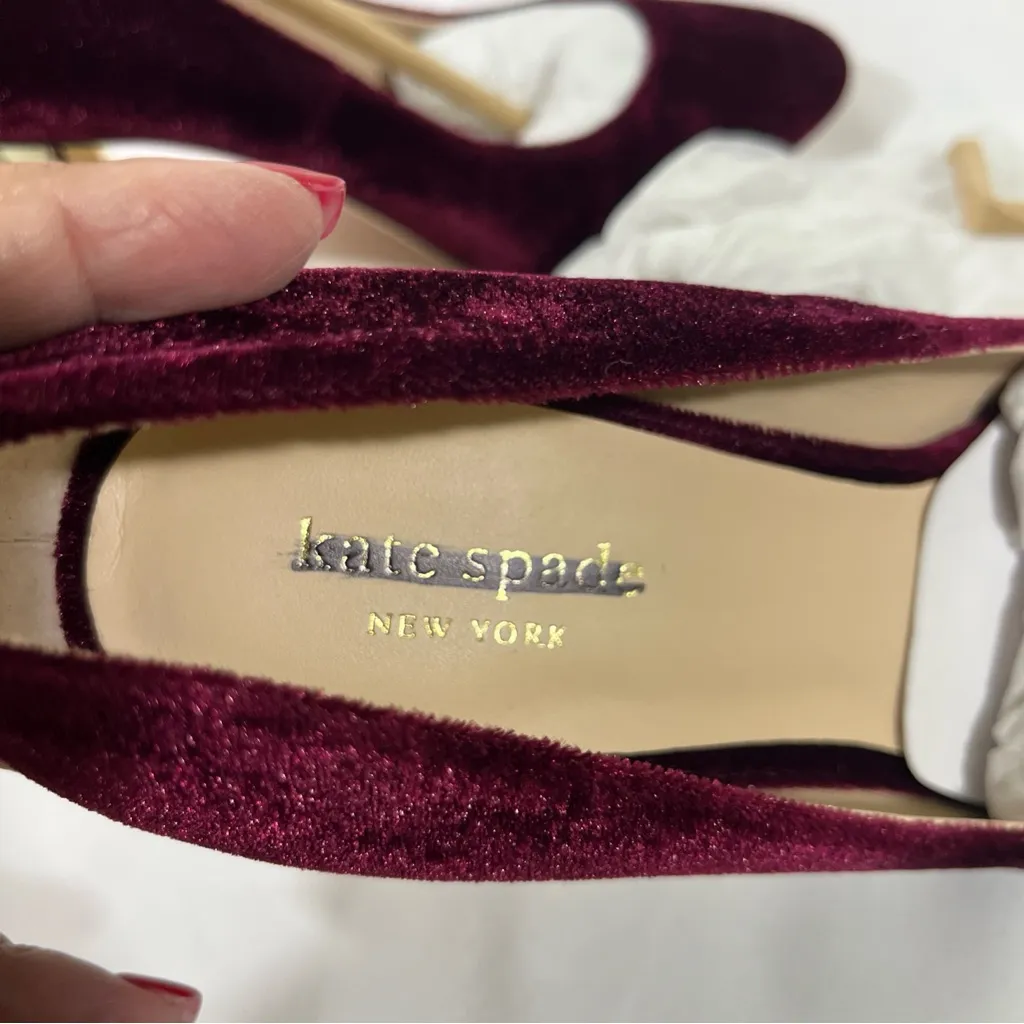 Kate Spade Sybil Velvet Pumps Gold Block Heel W/Pink Rhinestones 7.5M Cherrywood - Image 7