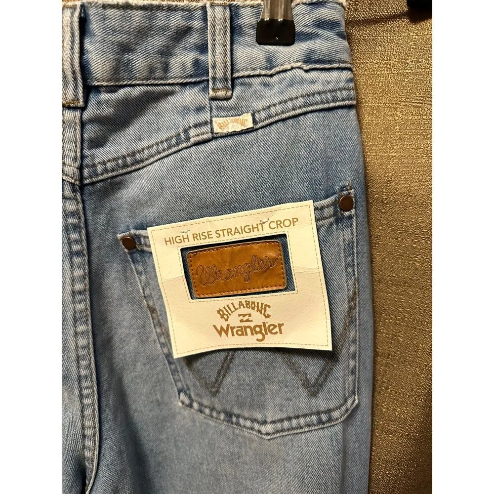 NWT Billabong x Wrangler High Rise Super Flare Patched Jeans Blue Surf Size 26 - Image 6