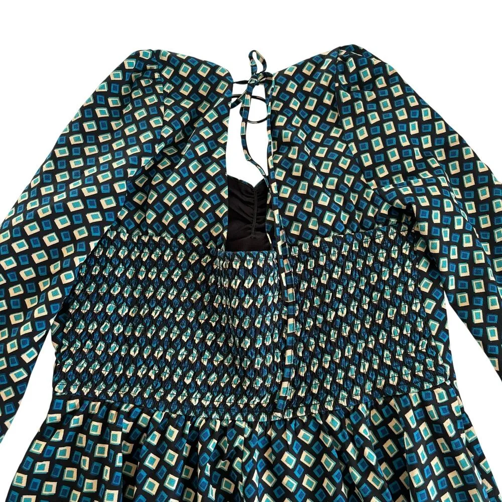 Band of the Free Genevieve Teal Diamond Long Sleeve Boho Mini Dress Size Large Green - Image 9