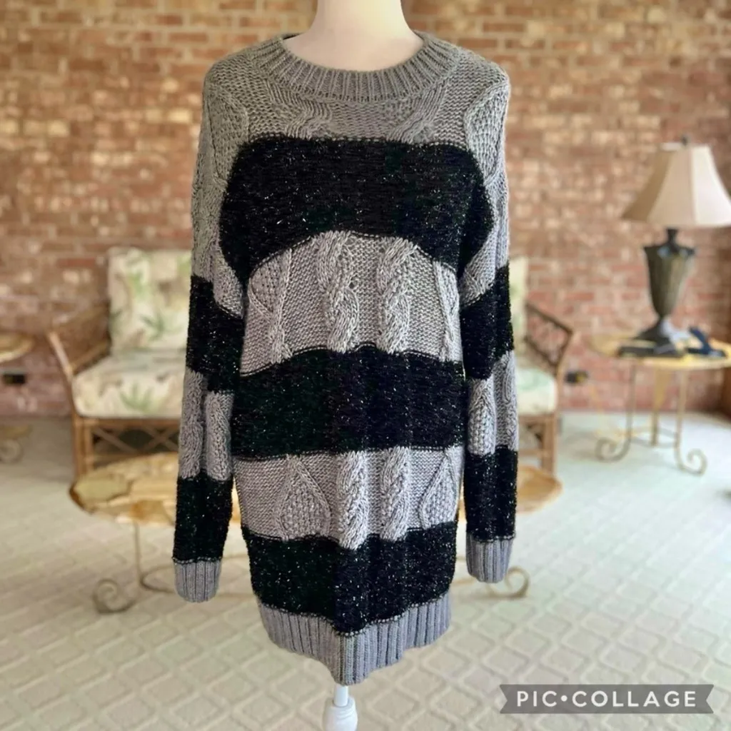 Mango MNG Armenia Sweater Dress Black Gray Metallic Cable Knit Mini 4 Striped - Image 3