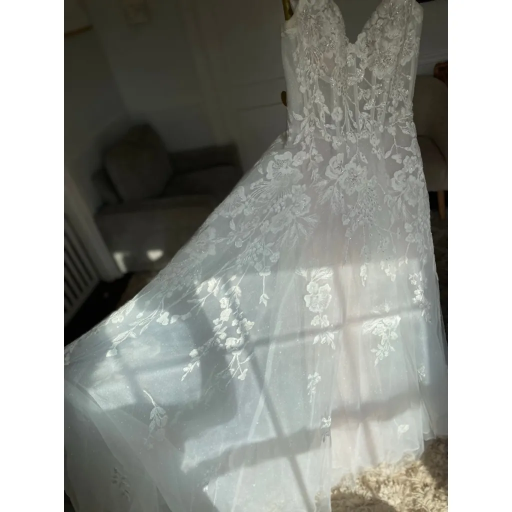 GALINA SIGNATURE Floral Tulle Wedding Dress Gown Removable Sleeve Coquette Bride - Image 9