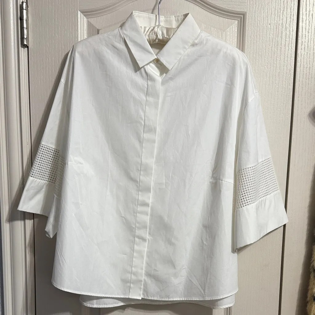 💙 Akris Punto Cream Poplin 100% Cotton Laser Cut Short Sleeve Boxy Blouse - Image 2