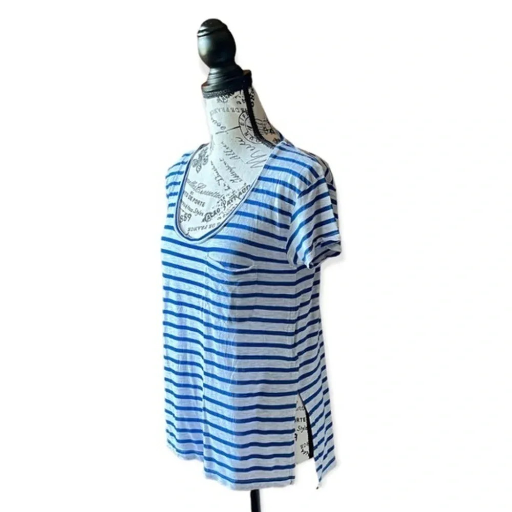 Madewell Women’s Blue Gray Stripe T-Shirt S Pocket Tee Nautical Coastal Preppy - Image 3