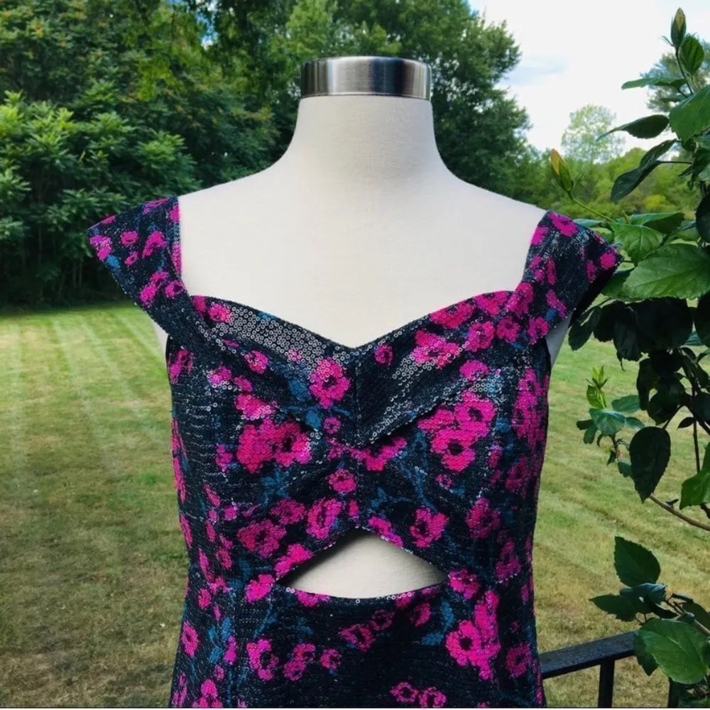 WAYF Pink & Black Janet Off Shoulder Floral Sequin Dress - Image 5