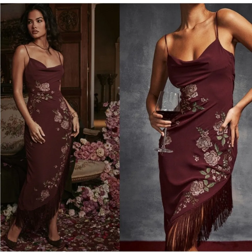 HOUSE OF‎ CB 'Eloisa' Wine Embroidered Midi Dress NWOT size S - Image 2