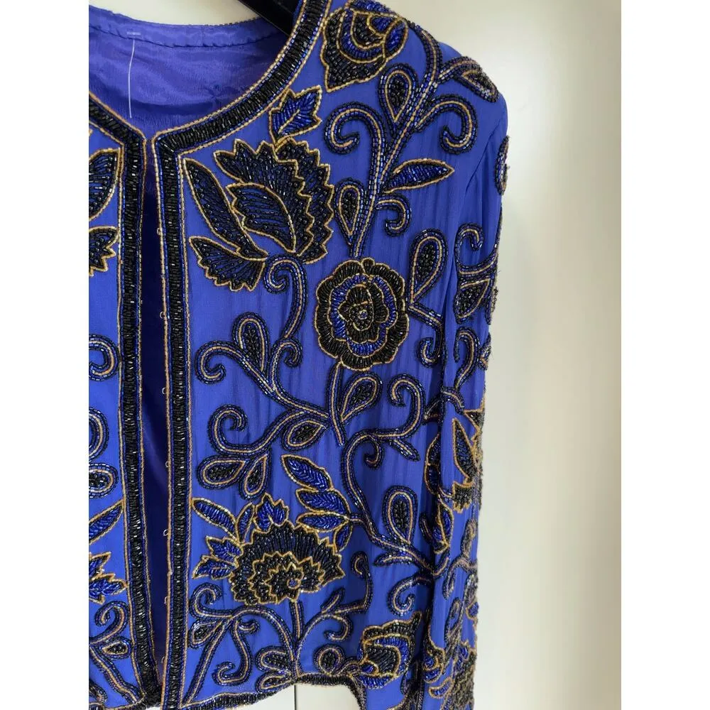Purple Silk Beaded Bolero 90s Vintage Formal Jacket Elegant Cocktail SZ S - Image 3