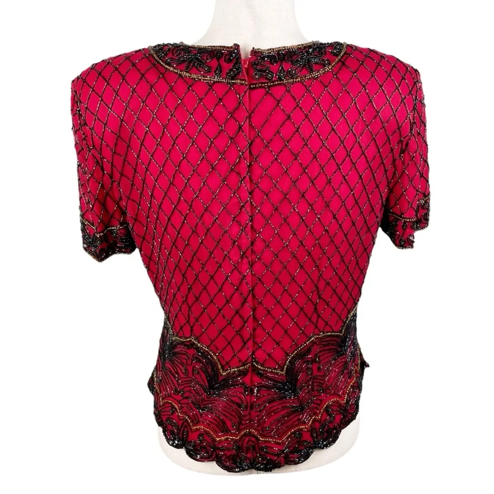 Vintage 80s Papell Boutique Evening Red Silk Beaded Top Women's Size Large - Image 2