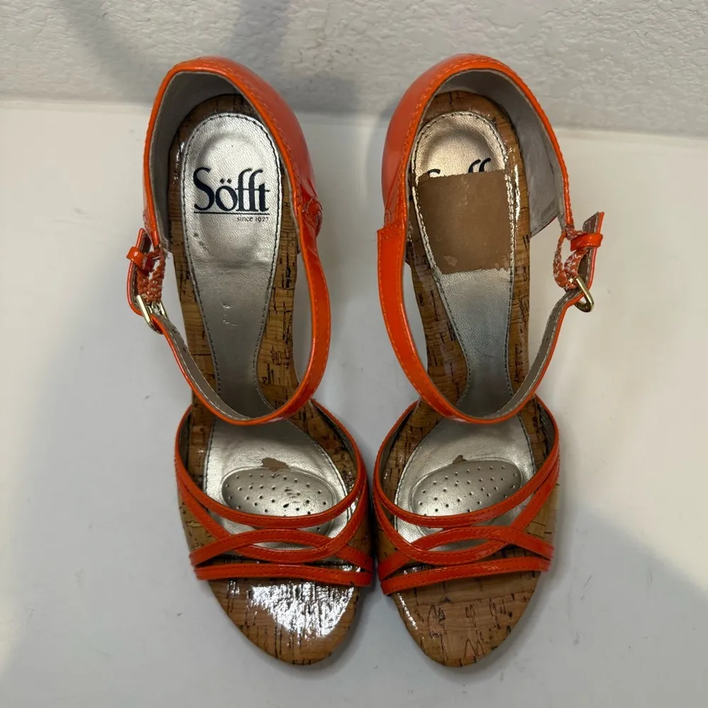 Sofft Valeda Patent Orange Patent & Cork Strappy Platform High Heel Sandals 8.5 - Image 3