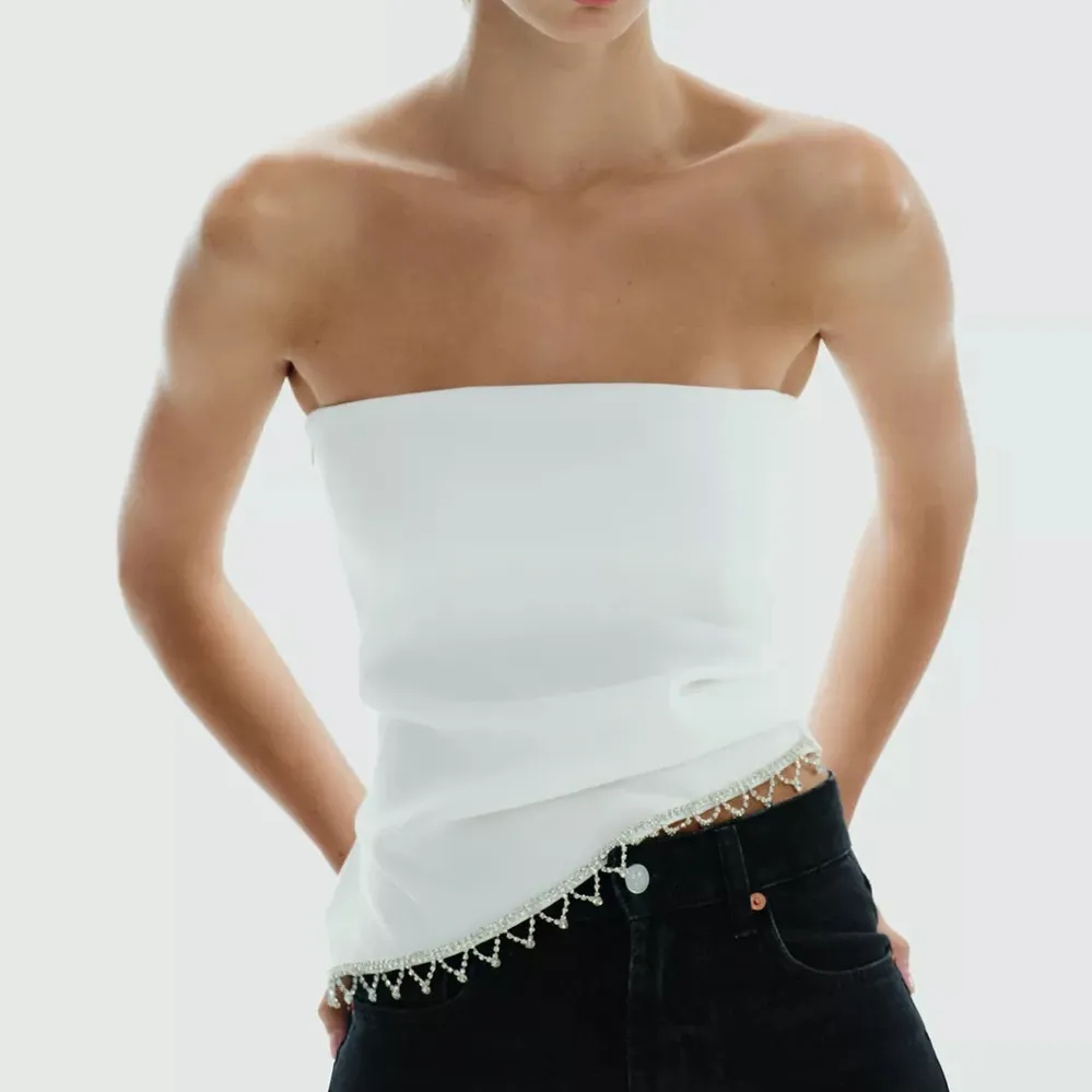 Zara NWT white tassel rhinestone embellishment fringe hem asymmetrical top - Image 6