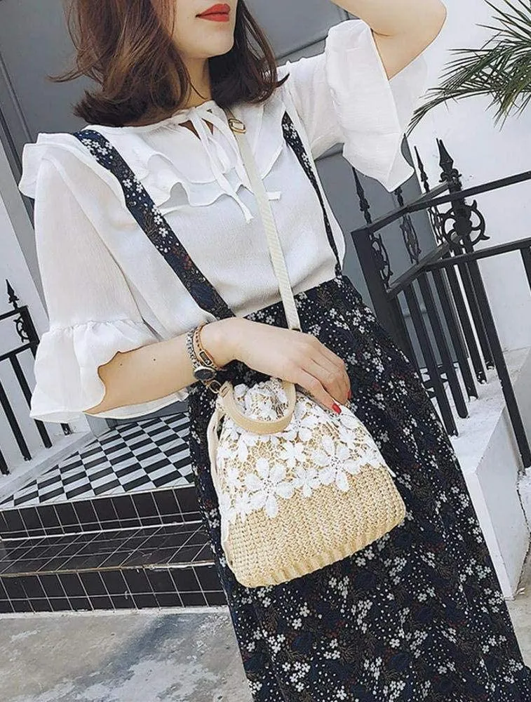 Exquisite Beach Clutch Purse Bag Bucket Bag Lace Handmade Straw Woven Sling Handbag Shoulder Crossbody Bag for Women, Beige, One Size - Image 7