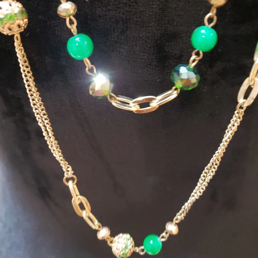 Women Gold Tone 2 Strand Green Emerald Beads Metal Faceted Bowl Station Necklace - Image 3