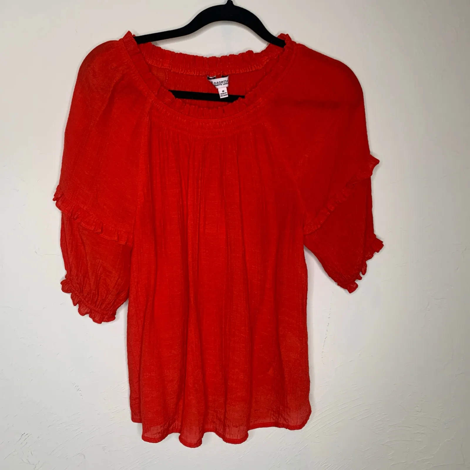 Nanette Lepore Red Crinkle Cotton Off Shoulder Elastic Top Sz Medium - Image 6