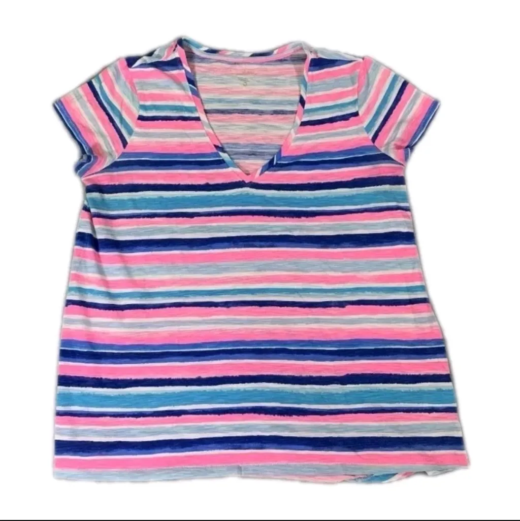 Lilly Pulitzer Etta V Neck Sandy Shell Stripe Size Small Blue Pink - Image 5