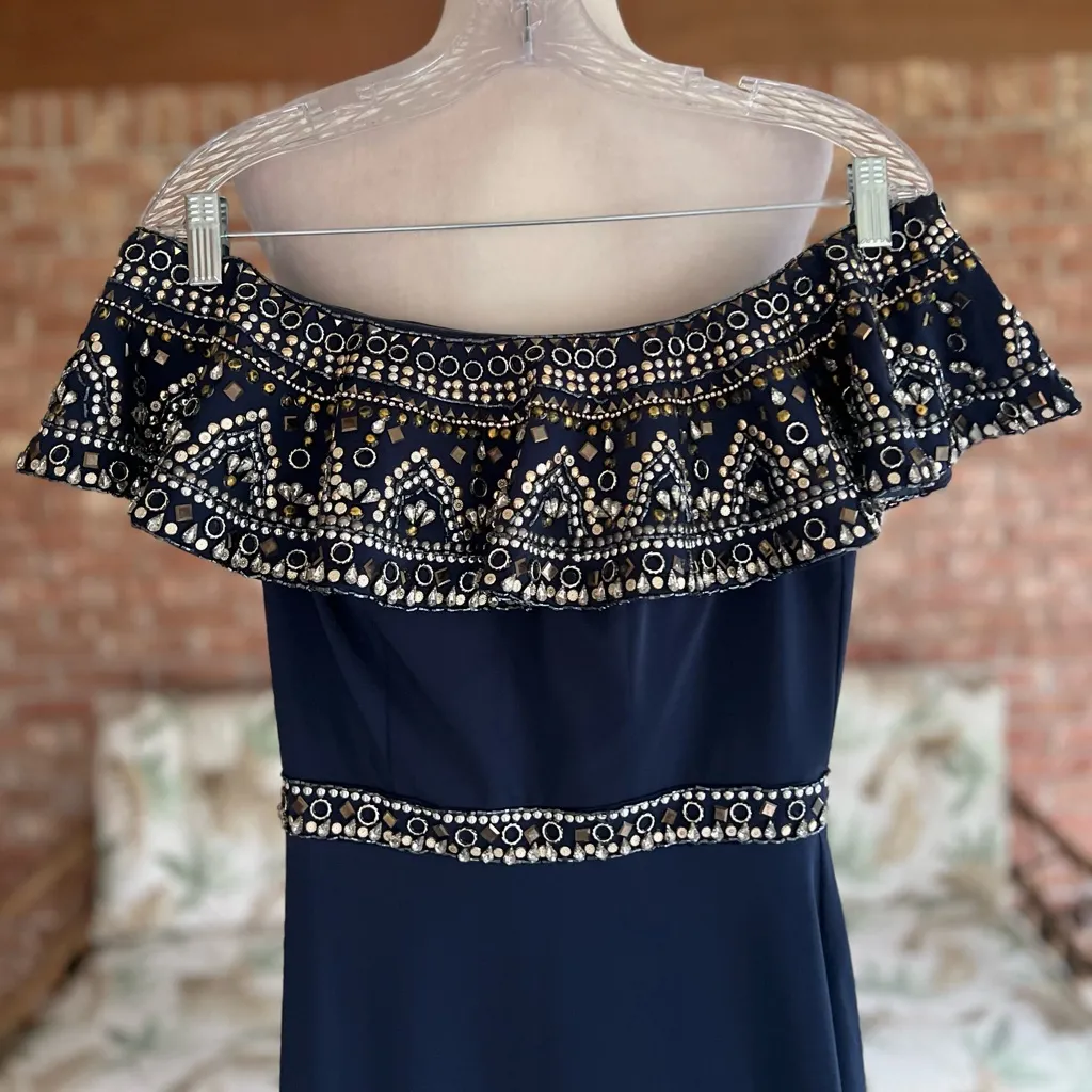 Ellie Wilde Mon Cherie Dress Off the Shoulder Embellished Blue Evening Gown 2 - Image 4