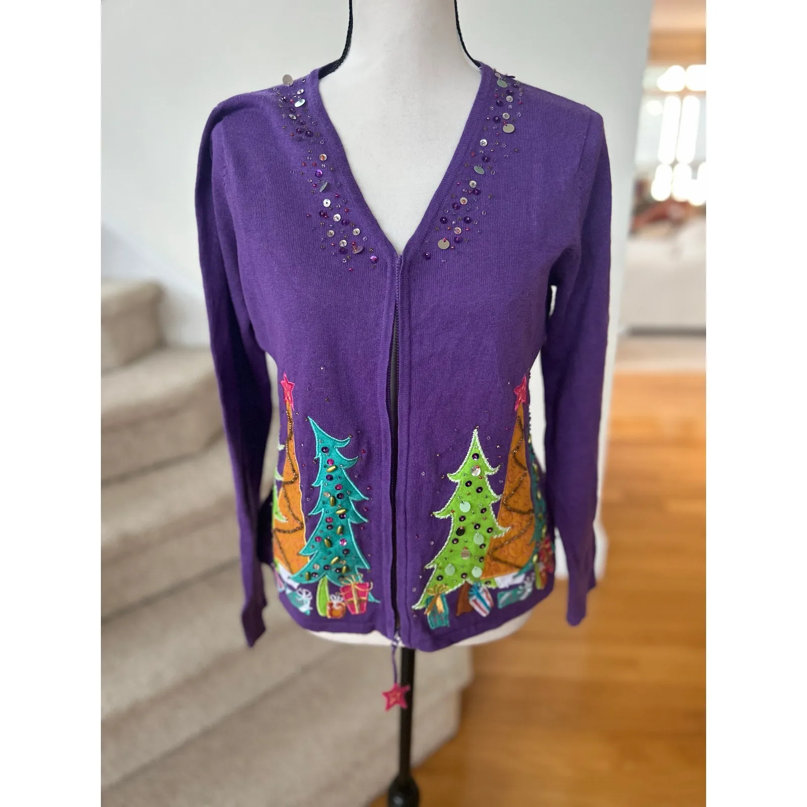 Vintage 90s Whimsical Purple Green Pink Orange Teal Christmas Tree Zip Sweater - Image 2