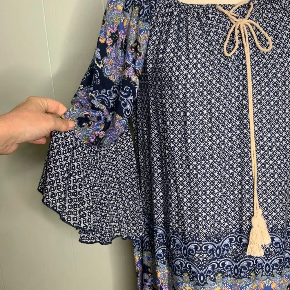 Altar’d State Blue/White/Lavender Boho Bell Sleeve Mini Dress Tunic S - Image 10