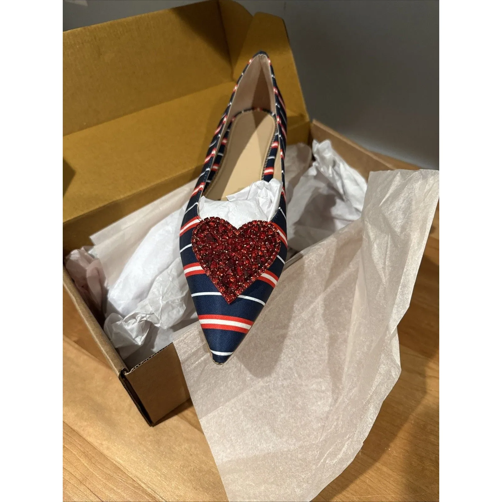 Boden Heart Sequin Pointed Toe Flats Red Blue Striped Fabric US 12 New in Box - Image 6