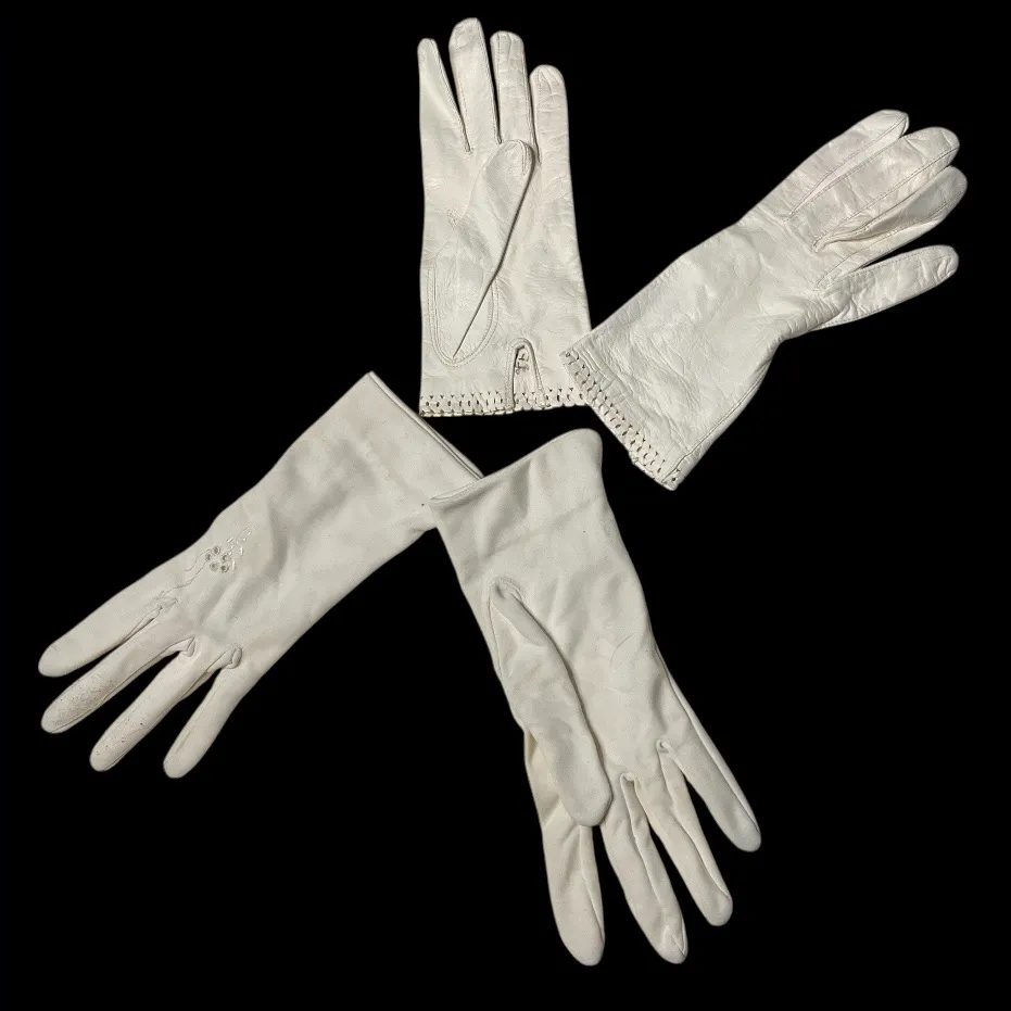 VINTAGE White Gloves Leather Pair Made in Italy Fabric Pair Womens - Image 6