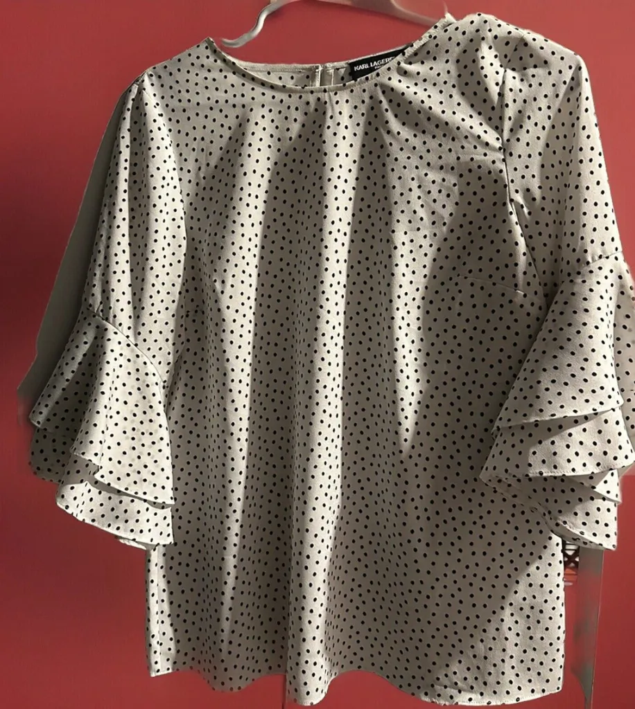 Women’s Karl Lagerfeld Black & White Polka Dot Shirt Flowy Top Size SMALL - Image 1
