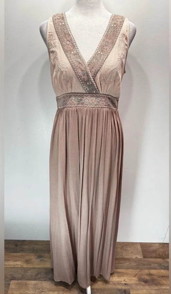 Soiéblu Beige & Taupe Sleeveless Boho Hippie Maxi Dress Embroidered High Waist - Image 2