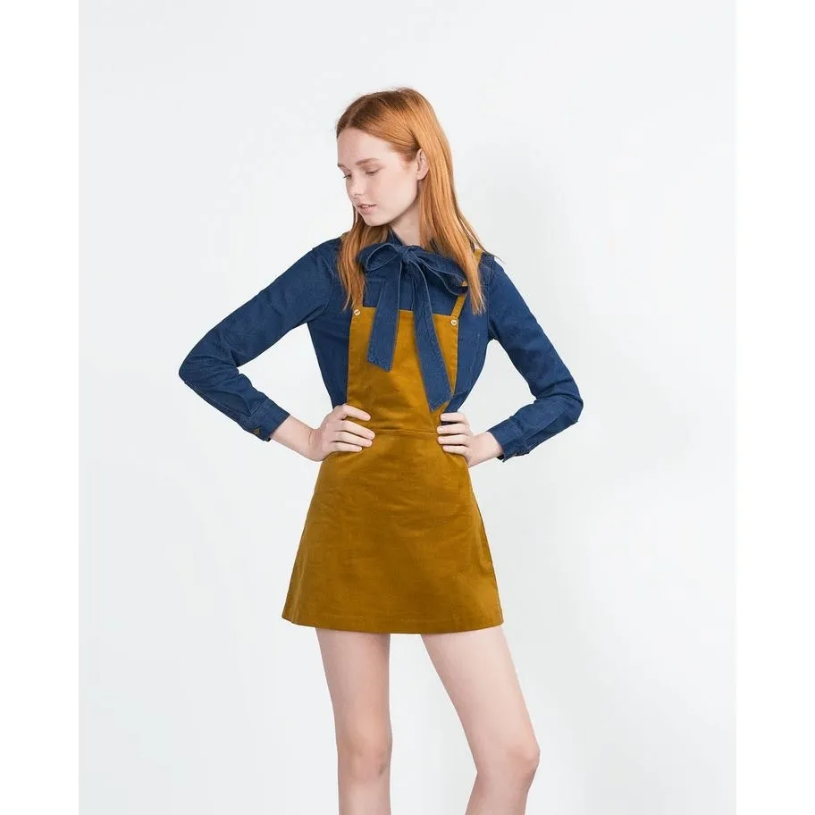 Zara Brown Corduroy Sleeveless Square Pinafore Velvet Velour Mini Overall Dress - Image 2