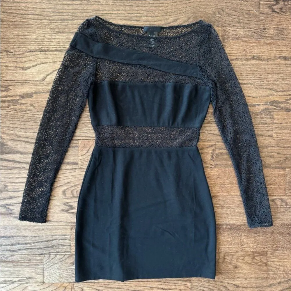 H:ours Hattie Long Sleeve Mini Dress Mesh Lace Insert Cut Out Black S Bodycon - Image 2