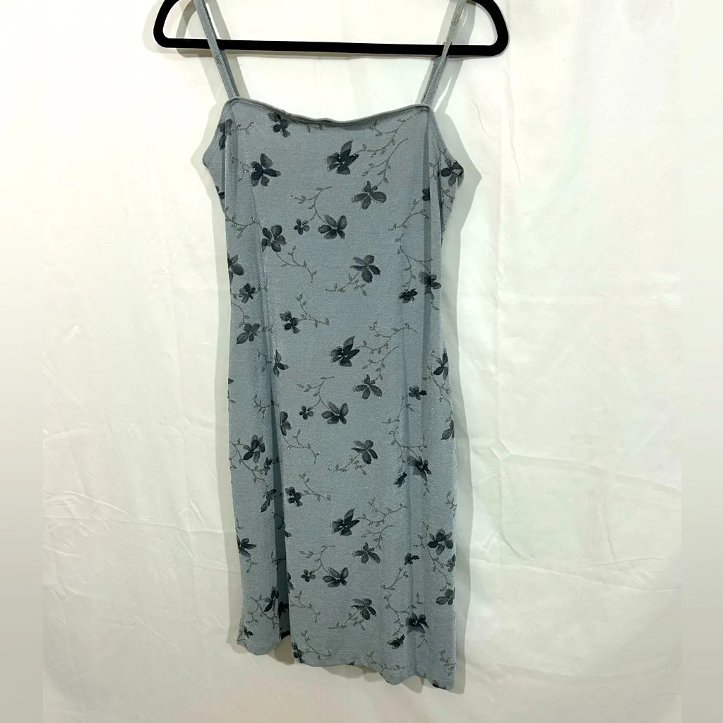 Y2K La Belle Gray Floral Glitter Slip Dress – Made in USA – Size M Silver Size M - Image 2