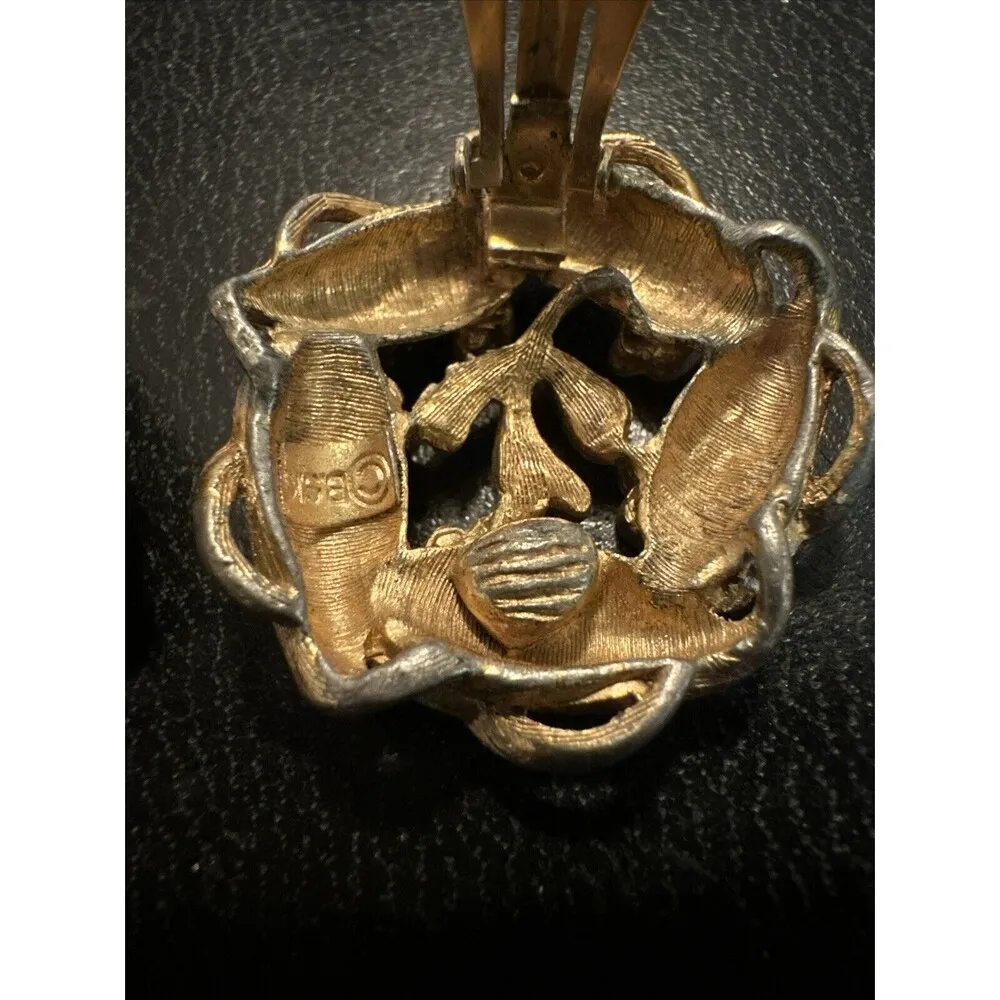 BSK 1950’s gold silver tone earrings clip ons round rhinestone Signed - Image 5