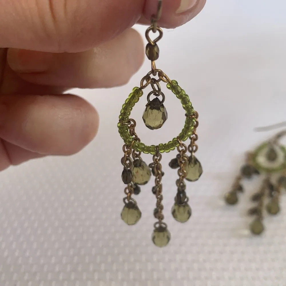 Green and Gold Beaded Dangle Chandelier Drop Earrings - Image 3
