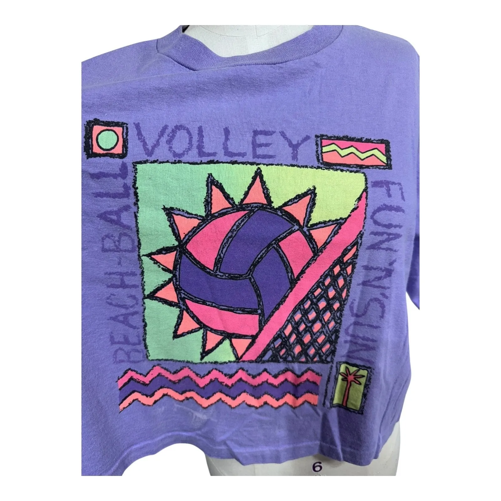 Vintage 90s Neon Beach Volleyball Graphic Tee Purple Fun In Sun‎ One Size Rare - Image 7