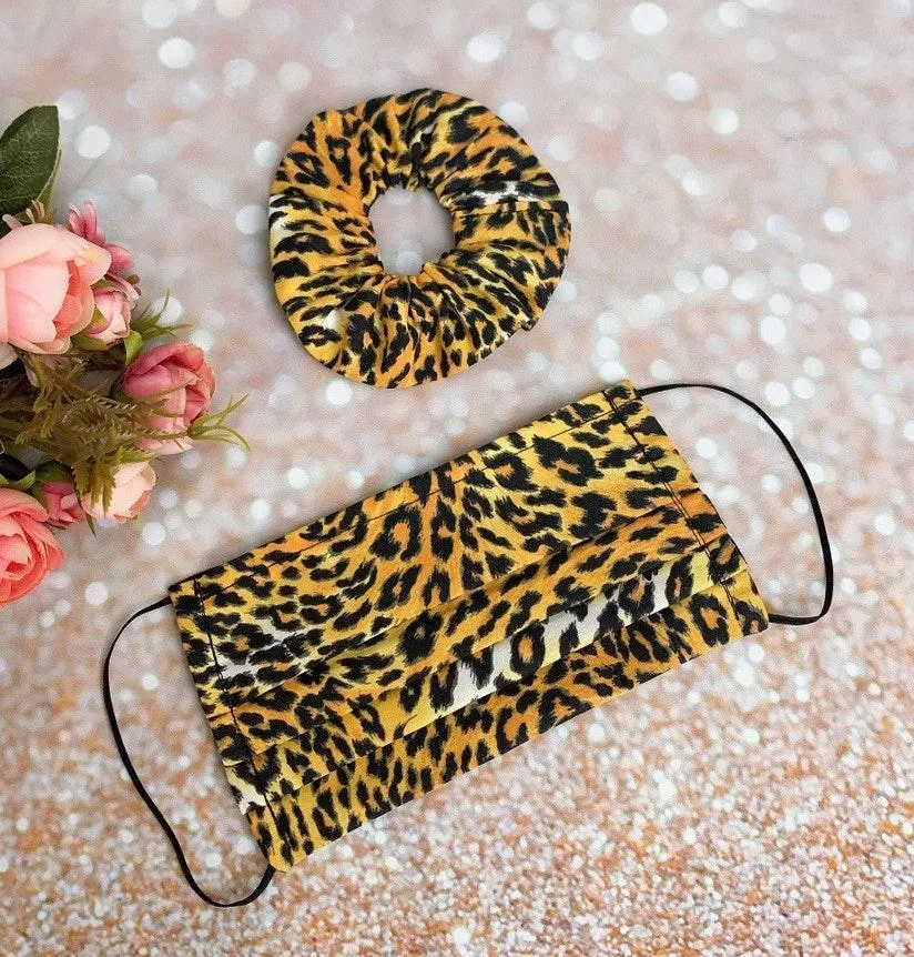 Leopard Print 100% Cotton Face Mask With Matching Scrunchies - Image 2