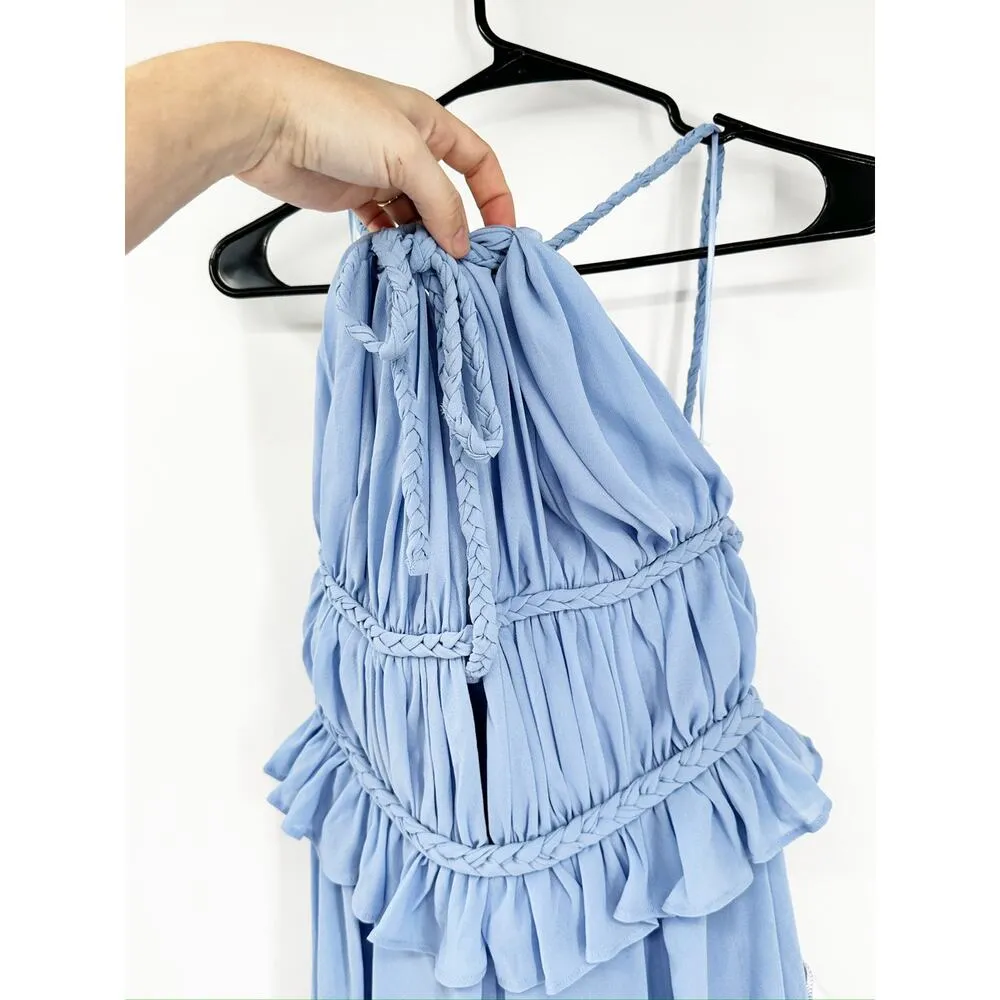 Dress the Population Athena Braided Blue Plunge V-Neck Halter Gown S NWT - Image 5